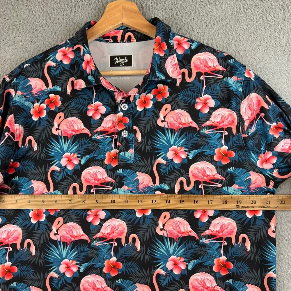 Waggle Mens Golf Polo Shirt Large Flamingo Hibiscus Floral Tropical Short Sleeve - Picture 6 of 7